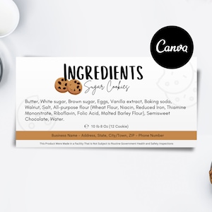 Etichetta modificabile degli ingredienti dei biscotti, biglietto da visita per biscotti, modello di etichetta, piccola impresa, modello Canva download digitale