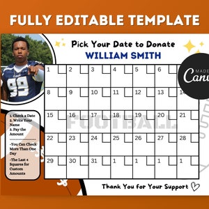 Football Pick a Date to Donate Fundraiser Calendar, Editable Canva Template, Printable Fundraiser Flyer, Sport Fundraiser Community Flyer