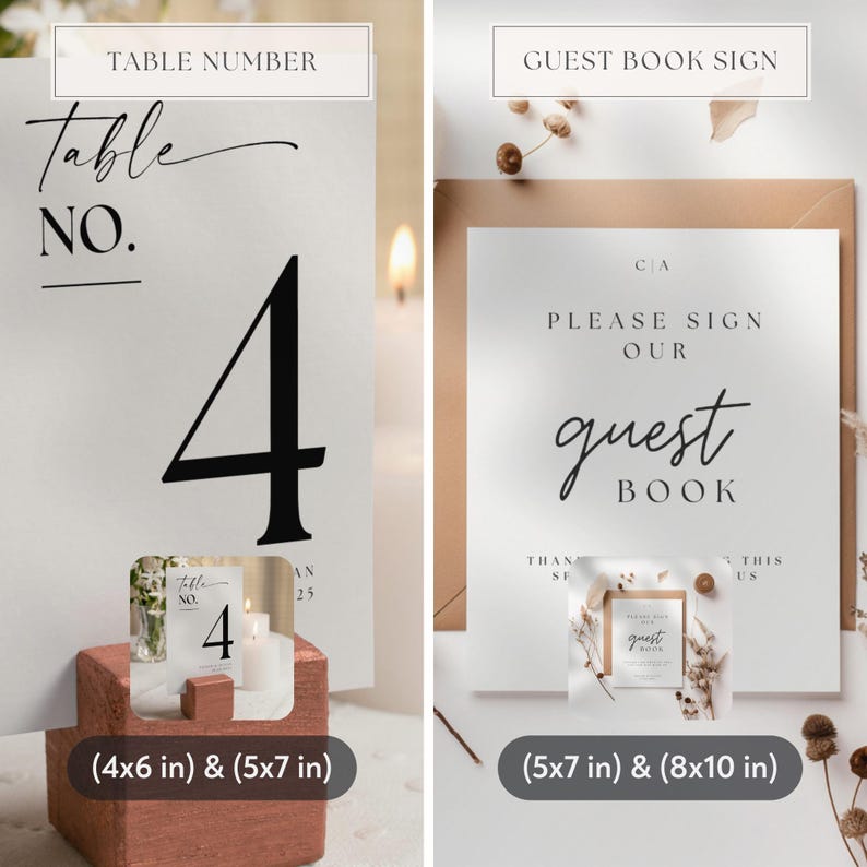 May include: Elegant wedding stationery set featuring a table number with the number 4 and a guest book sign. The table number is displayed on a small wooden block. The guest book sign is on a white background with elegant script.