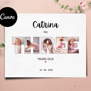 3e verjaardag fotocollageposter, cadeau 3 jaar oud, afdrukbare cadeaukaart voor dochter of zoon, canvasjabloon