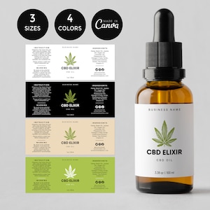 May include: A brown glass bottle with a dropper top and a white label. The label has a green marijuana leaf design and the text "CBD ELIXIR CBD OIL 3.38 oz | 100 ml". The bottle is sitting on a white background.