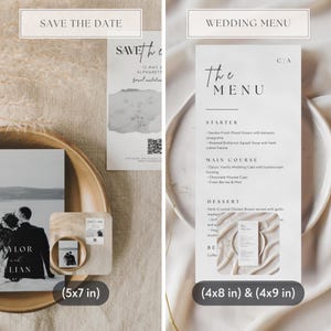 May include: Wedding stationery set featuring a "Save the Date" card, a wedding menu, and a small photo card. The menu is 4x8 inches and 4x9 inches, and the photo card is 5x7 inches. The text includes "Save the Date" and "Wedding Menu."
