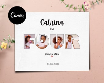 カスタム 4 歳の誕生日写真コラージュ ポスター、4 歳の記念日のギフト、娘や息子への印刷可能なギフト カード、Canva テンプレート