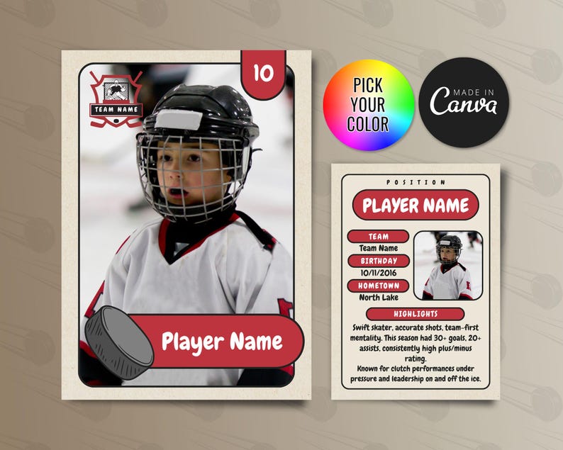 Ice Hockey Kids Trading Cards Template, Customizable Player Card Canva