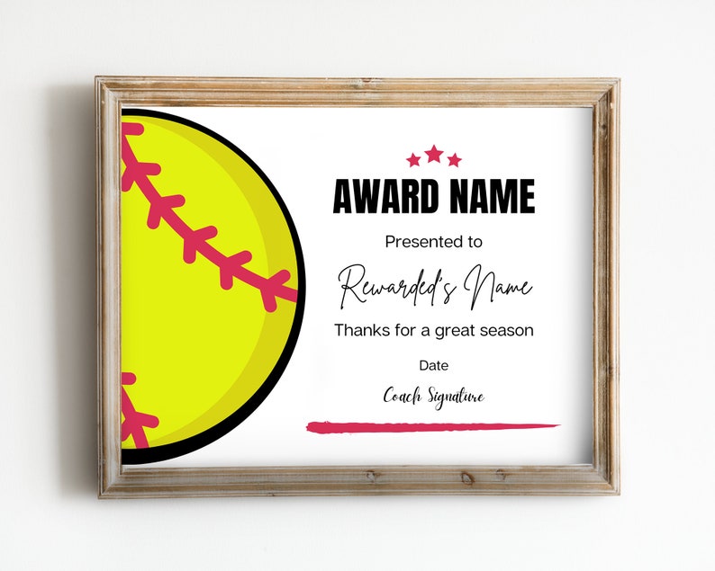Softball Award Certificate Editable Canva Template, Printable End of
