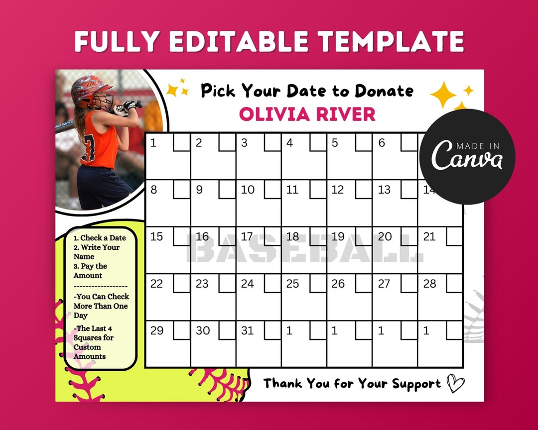 Softball Pick a Date to Donate Fundraiser Calendar, Editable Canva