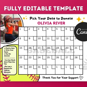 Softball Scegli una data per donare Calendario della raccolta fondi, modello Canva modificabile, volantino della raccolta fondi stampabile, volantino della comunità della raccolta fondi sportiva