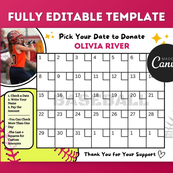 Softball Pick a Date to Donate Fundraiser Calendar, Editable Canva Template, Printable Fundraiser Flyer, Sport Fundraiser Community Flyer