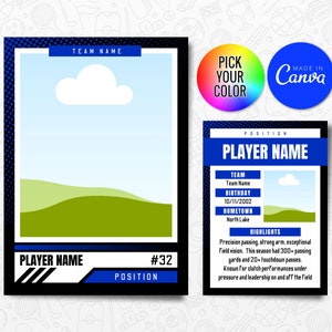 Plantilla de tarjetas coleccionables deportivas, plantilla Canva de tarjeta de jugador personalizable, tarjeta deportiva DIY personalizada, regalos del equipo escolar imprimibles