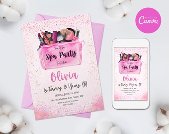 May include: Pink and white invitation for a spa party to celebrate a 15th birthday. The invitation features a pink makeup bag with makeup brushes, lipstick, and eyeshadow palettes. The text on the invitation reads "Join us for Spa Party to celebrate Olivia is turning 15 years old. Friday, June 18, 4PM. Street Address, City, State, ZIP. RSVP by June to Leslie."