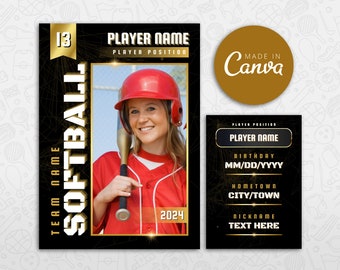 Softball Card Template, DIY Golden Sport Cards Printable, Customizable School Team Gifts Trading Cards, Editable Canva Template