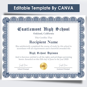 High School Diploma, Diploma Template, Canva Editable Homeschool Diploma, Graduation Diploma Template, Printable Fake High School Diploma