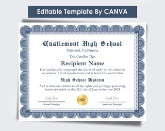 High School Diploma, Diploma Template, Canva Editable Homeschool Diploma, Graduation Diploma Template, Printable Fake High School Diploma