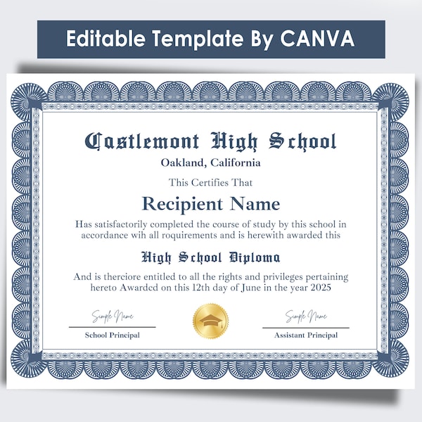 High School Diploma, Diploma Template, Canva Editable Homeschool Diploma, Graduation Diploma Template, Printable Fake High School Diploma