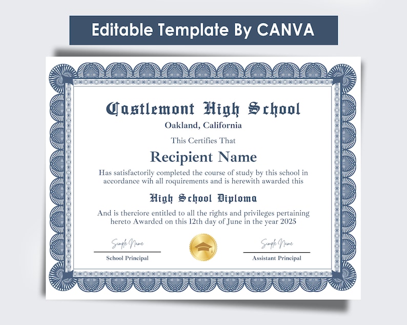 High School Diploma, Diploma Template, Canva Editable Homeschool Diploma, Graduation Diploma Template, Printable Fake High School Diploma image 1