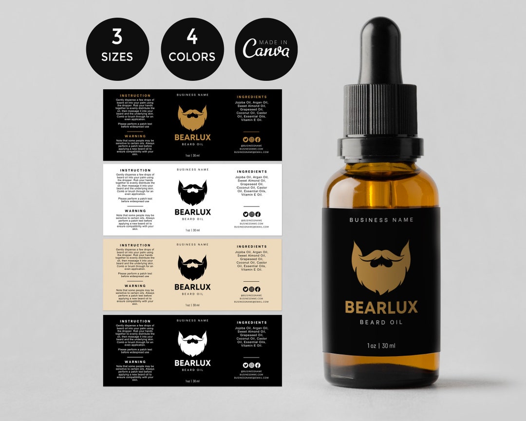 Beard Oil Bottle Label Template, DIY Label Design for Dropper Bottle, Editable Serum Label Canva