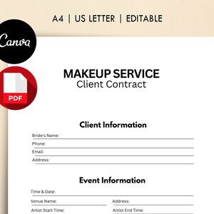 Makeup Service Client Contract, Printable PDF & Canva Template, Freelance Makeup Artist Contract, MUA agreement, A4 / US Letter