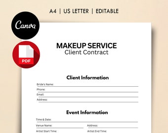 Make-up Service Klantcontract, Afdrukbare PDF & Canva-sjabloon, Freelance Make-up Artist Contract, MUA-overeenkomst, A4 / US Letter