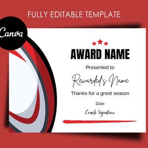 Rugby Award Certificate Editable Canva Template, Printable End of Season Ceremony Rugby Awards, Rugby Participation Award