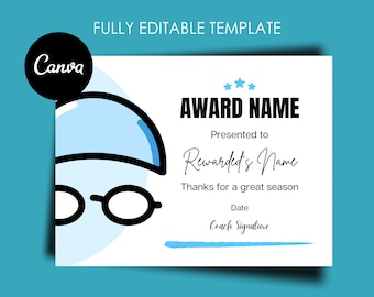 Swimming Award Certificate Editable Canva Template, Printable End of Season Ceremony Swimming Awards, Swimming Participation Award