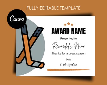 Field Hockey Award Certificate Editable Canva Template, Printable Award End of Season Ceremony Hockey Awards, Hockey Participation Award