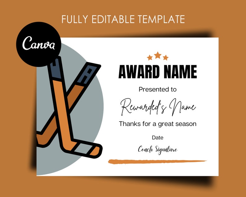 Hockey Award Certificate Editable Canva Template Printable Etsy