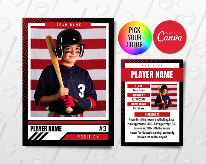 Customizable Little League Baseball Trading Card Editable Canva