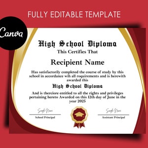 Bearbeitbare High School Diplom Vorlage, druckbare Homeschool Diplom, Ged Diplom personalisiert, Abschlussdiplom, Canva Vorlage, 11x8,5