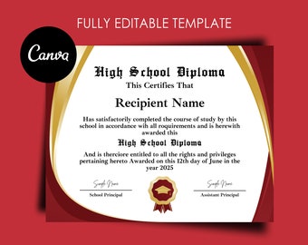Editable High School Diploma Template, Printable Homeschool Diploma, Ged Diploma Personalized, Graduation Diploma, Canva Template, 11x8.5