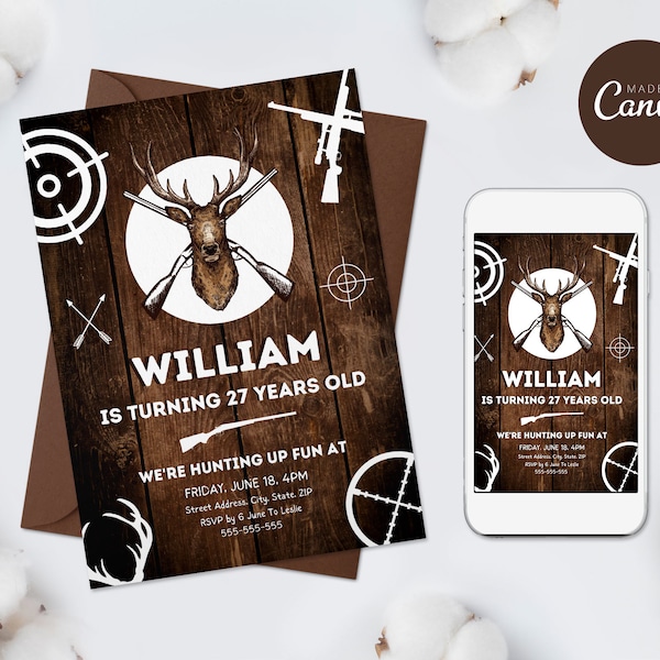 Hunting Birthday Invitation Template, Deer Hunt Party Invite, Editable Birthday Party Invite, Printable & Digital Mobile Phone Invitation