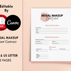 Può includere: Un modello di contratto per il trucco da sposa stampabile in uno schema di colori rosa e bianco. Il modello include sezioni per le informazioni del cliente, le informazioni sul matrimonio e i dettagli di pagamento. Il testo "Contratto di trucco da sposa" è in cima alla pagina.