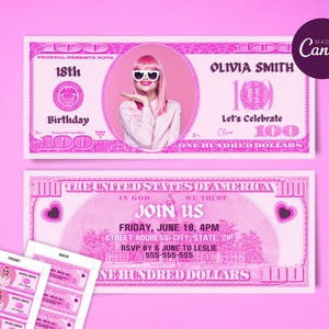 Invito di compleanno con soldi rosa Banconota da 100 dollari, invito alla festa di compleanno stampabile, modello modificabile, download istantaneo