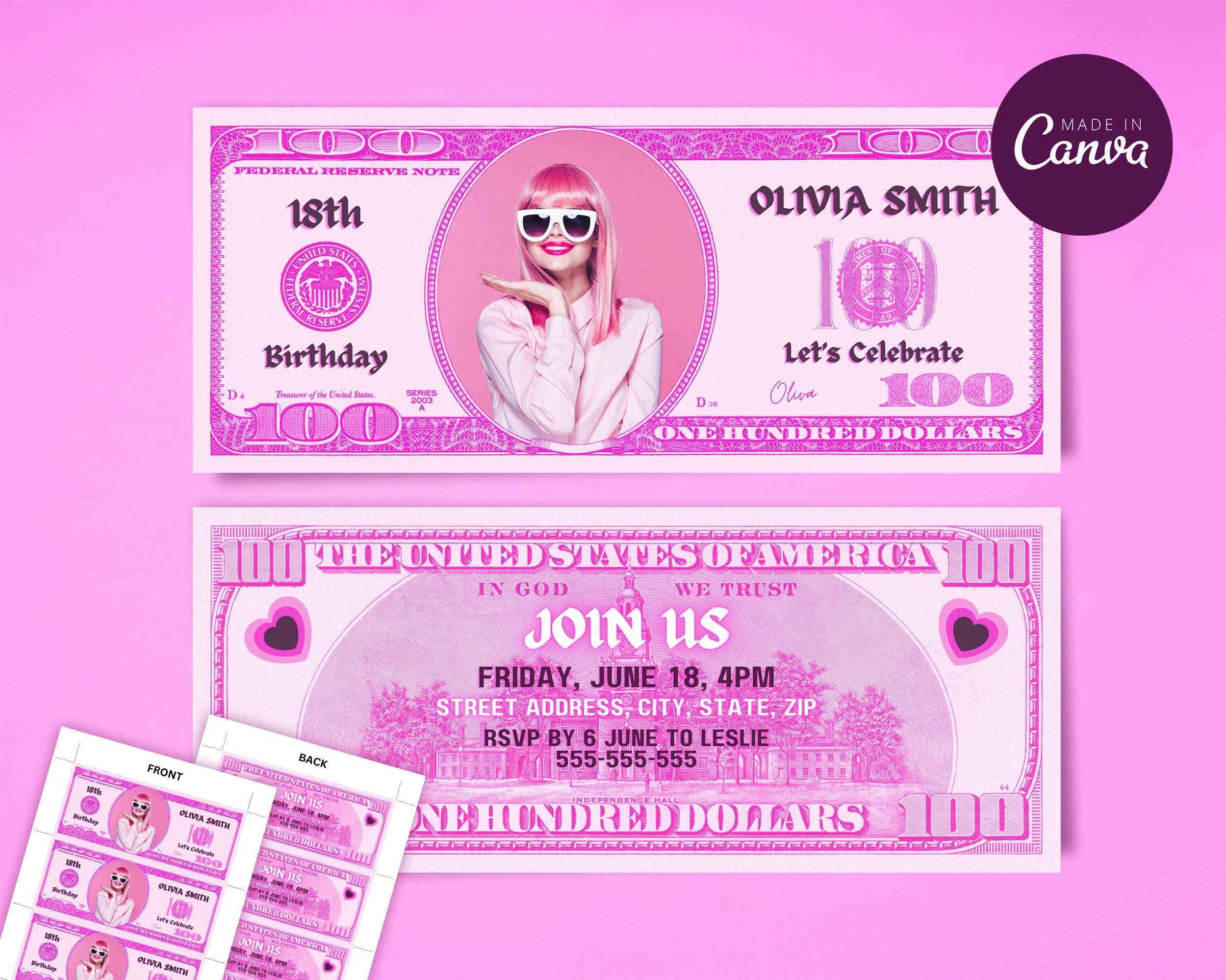 Pink Money Birthday Invitation 100 Dollar Bill, Printable Birthday ...