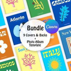 Könnte beinhalten: Ein Bündel aus neun bunten Fotoalbum-Covern und -Rücken mit verschiedenen Städtenamen und Illustrationen. Die Cover sind im Retro-Stil gestaltet und beinhalten Städte wie Atlanta, Japan, Griechenland, New York, Italien, Mexiko und San. Das Bündel enthält auch eine Fotoalbum-Vorlage.