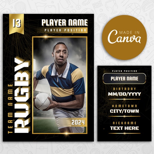 Rugby Card Template, DIY Golden Sport Cards Printable, Customizable School Team Gifts Trading Cards, Editable Canva Template