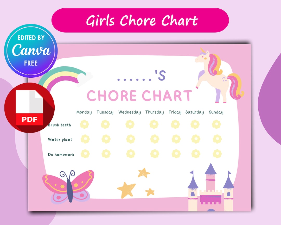 Chore Chart for Girls, Printable PDF + Canva Template, Weekly ...