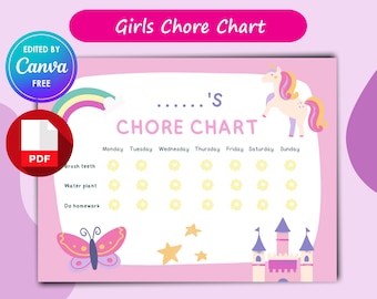 女の子向けの家事表、印刷可能な PDF + Canva テンプレート、子供向けの週ごとの責任表、ピンクのレインボー ユニコーン カスル バタフライ