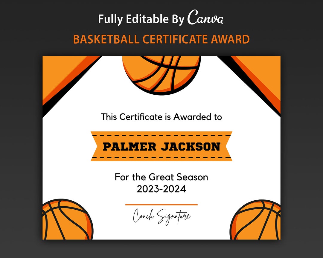 Editable Basketball Award Certificate End of Season Canva Template Editable Basketball Award Certificate End of Season Canva Template