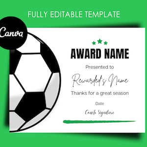 Soccer Award Certificate Editable Canva Template, Printable Award End of Season Ceremony Soccer Awards, Soccer Participation Award