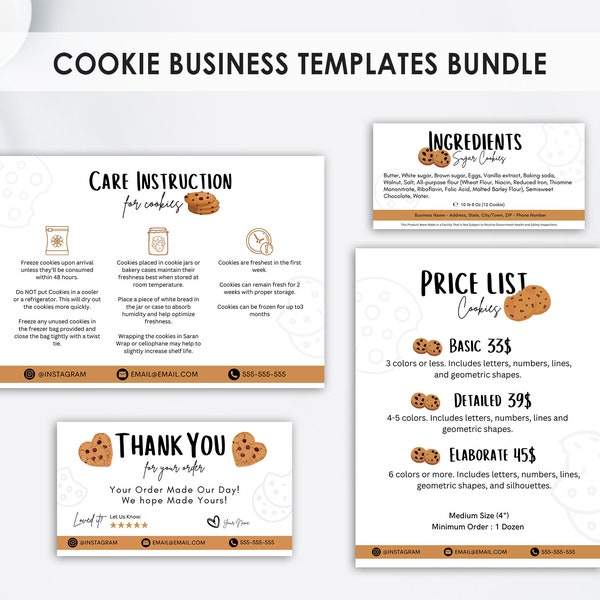 Editable Cookie Business Templates Bundle, Thank You Card, Ingredients label, Price List, Care Instructions, Small Business, Canva Template