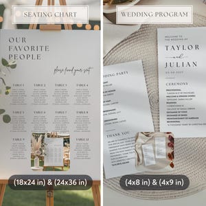 May include: A wedding stationery set featuring a seating chart and wedding program. The seating chart is available in 18x24 inch and 24x36 inch sizes. The wedding program is available in 4x8 inch and 4x9 inch sizes. The text includes the names of the couple and wedding details.