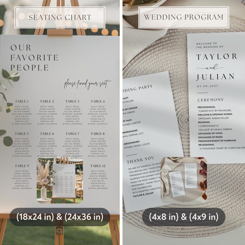 May include: A wedding stationery set featuring a seating chart and wedding program. The seating chart is available in 18x24 inch and 24x36 inch sizes. The wedding program is available in 4x8 inch and 4x9 inch sizes. The text includes the names of the couple and wedding details.