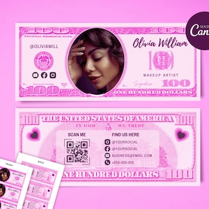 Visitekaartje sjabloon roze geld vlechten schoonheidssalon wimper haar make-up kaart Canva bewerkbare aanpasbare DIY officiële logo extensies pruiken