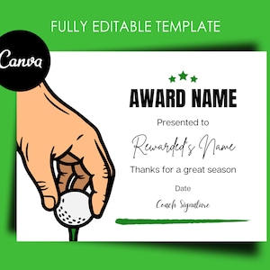 Golf Award Certificate Editable Canva Template, Printable Award End of Season Ceremony Golf Awards, Golf Participation Award