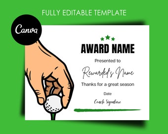 Golf Award Certificate Editable Canva Template, Printable Award