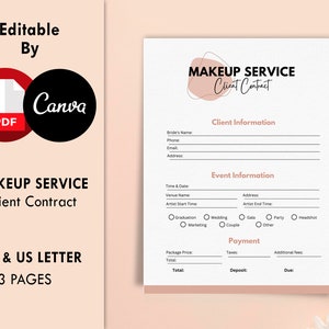 Makeup Service Contract Template, PDF & Editable Canva Template, Client makeup pricelist, MUA agreement, Freelance service, Contract forms