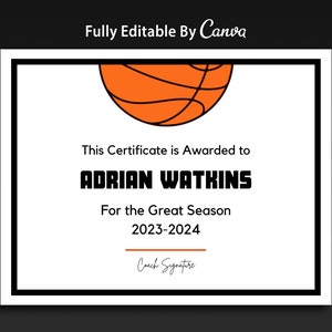 Editable Basketball Award Certificate Canva Template, Printable End of Season Award Ceremony Basketball Awards, Basketball Participation