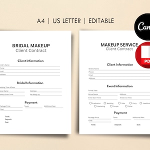 Editable Bridal Makeup & Makeup Service Contracts Bundle, PDF Files + Canva Editable Templates, Client Agreement, Wedding makeup pricelist