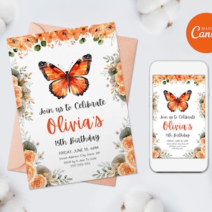 以下が含まれることがあります： オレンジのバタフライと花のデザインが施された、15歳の誕生日パーティーの印刷可能な招待状。招待状には「オリビアの15歳の誕生日をお祝いしましょう」と書かれています。
