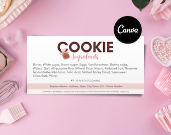 クッキーの材料ラベルカード、Canva 編集可能テンプレート、印刷可能なパーソナライズカード、デジタルオンラインテンプレート